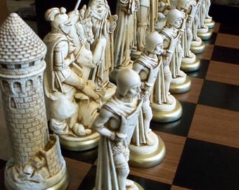 MEDIEVAL CHESS SET ( 9” King Arthur ) Antiqued Ivory & Ebony look, Made 2 Order Only. No Stock. Check delivery date. Contact me 4 more info.