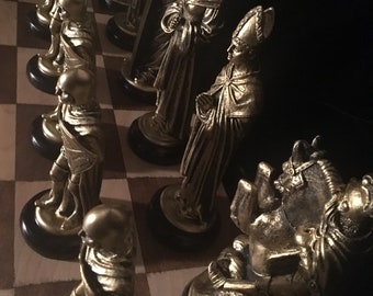 MEDIEVAL CHESS SET ( 9” King Arthur) Antiqued Gold & Silver look, Made 2 Order Only. No Stock. Check delivery date. Contact me 4 more info.