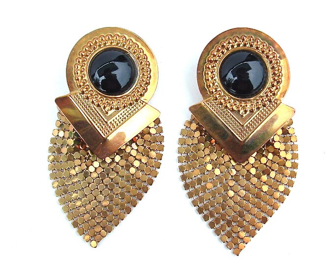 Art Deco Vintage Earrings Mesh Gold Metal Bold Chain Statement Etsy