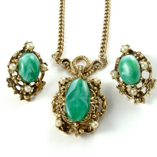 Vintage Necklace Earrings Jewelry Set Ornate Faux Malachite Faux Pearls ((Free Shipping USA))