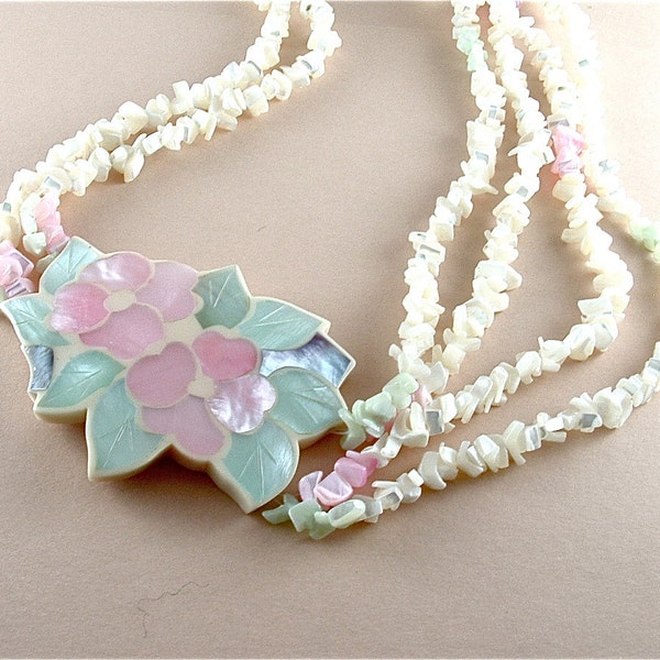 Inlay Pastel Shell Necklace Vintage Jewelry Mother of Pearl Multi Strand Tropical Necklace