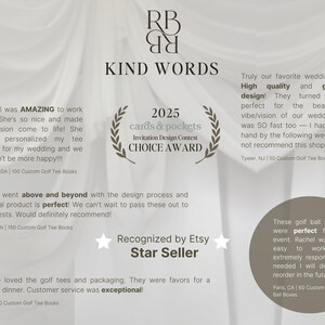 May include: A testimonial graphic titled KIND WORDS featuring the 2025 cards & pockets Invitation Design Contest CHOICE AWARD logo and an Etsy Star Seller badge. The text includes customer reviews for custom golf tee books and golf ball boxes.
