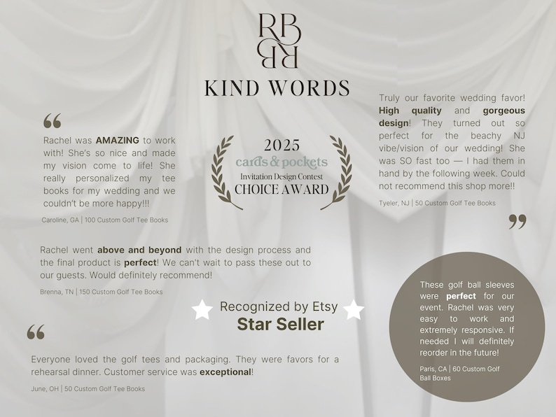May include: A testimonial graphic titled KIND WORDS featuring the 2025 cards & pockets Invitation Design Contest CHOICE AWARD logo and an Etsy Star Seller badge. The text includes customer reviews for custom golf tee books and golf ball boxes.