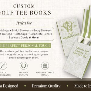 May include: Custom golf tee books featuring a light green and white striped interior, holding three white golf tees. The exterior displays the text THE WEBBER CLUB, Est. 2026, and Thanks For Coming To The Par-Tee! with a floral pattern background.