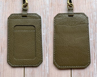 Personalised Leather Badge Holder, Leather Credit Card Holder, Leather Lanyard, Badge Holder, Name Card Slot, Card Pocket, Olive Green