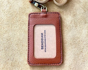 Leather Lanyard, Badge Holder, Personalised Leather Badge Holder, Leather Credit Card Holder, Name Card Slot, Card Pocket, Tan/Orange