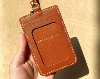 Leather Lanyard, Badge Holder, Personalised Leather Badge Holder, Leather Credit Card Holder, Name Card Slot, Card Pocket, Tan