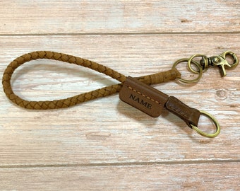 Leather Key Lanyard, Braided Leather Lanyard, Personalize Leather Key Ring, Leather Key Ring with Antique Brass Tone Metal Hook and Key Ring