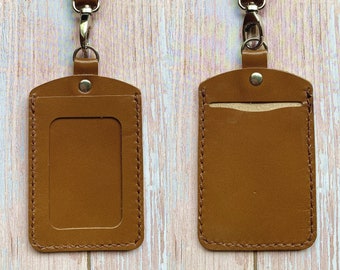 Personalised Leather Badge Holder, Leather Credit Card Holder, Leather Lanyard, Badge Holder, Name Card Slot, Card Pocket, Tan