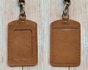 Personalised Leather Badge Holder, Leather Credit Card Holder, Leather Lanyard, Badge Holder, Name Card Slot, Card Pocket, Tan