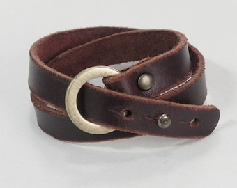Brown Leather Wrap Bracelet/ Leather Cuff/ Leather Bracelet with Bronze Tone Ring