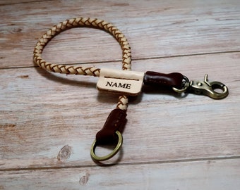 Personalize Lanyard, Braided Personalize Leather Lanyard, Biker Wallet Chain in Baige Color with Antique Brass Metal Hook and key Ring