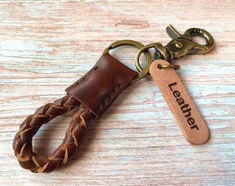 Personalize Leather Key Ring, Braided Leather Keychain, Persionalize Leather Key FOB with Antique Brass Tone Metal Hook and Key Ring