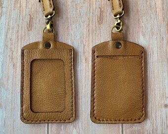 Personalised Leather Badge Holder, Leather Credit Card Holder, Leather Lanyard, Badge Holder, Name Card Slot, Card Pocket, Light Brown