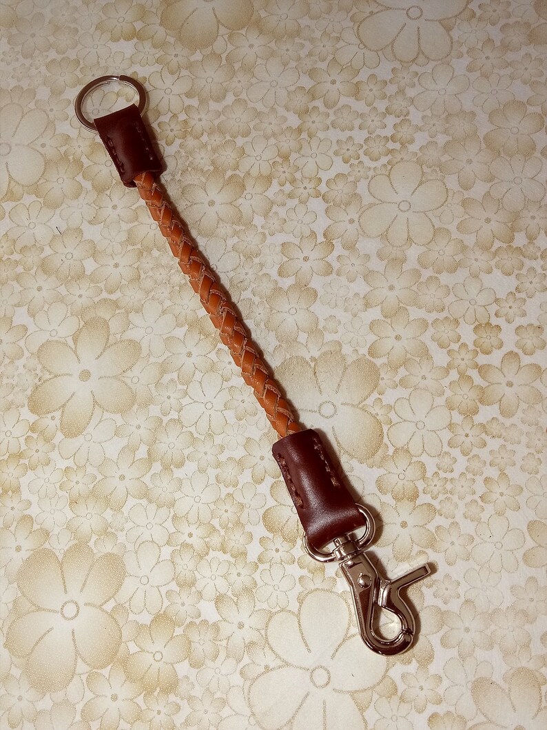 Tan Braided Leather Lanyard Leather Key Lanyard Biker Wallet Chain with Silver Tone Metal Hook and Key Ring Leather Key Ring