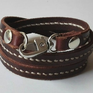 Leather Bracelet, Leather Wrap Bracelet, Leather Cuff Bracelet, Boho Bracelet with Metal Alloy Clasp Silver Tone Hand Stitched in Brown