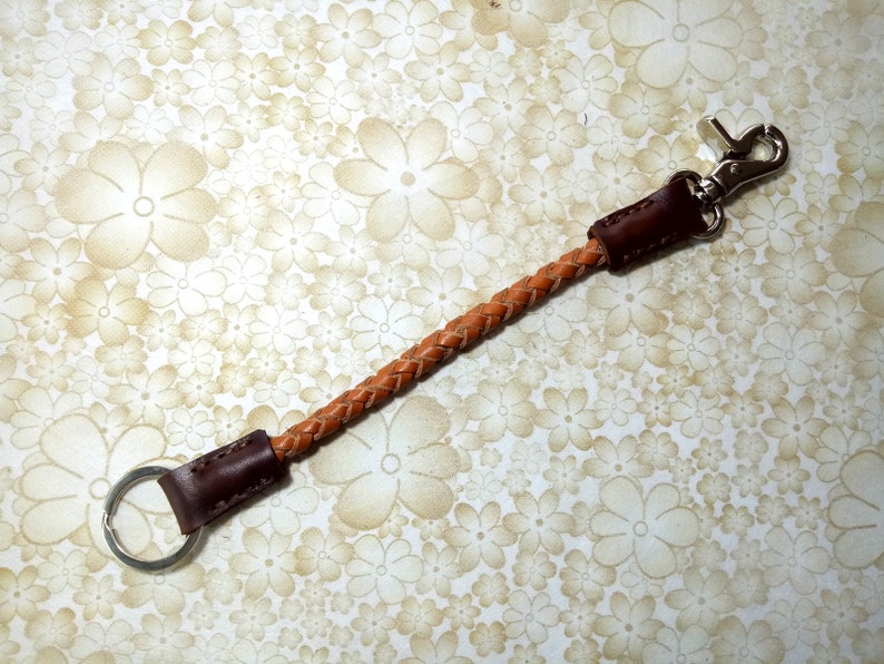 Tan Braided Leather Lanyard Leather Key Lanyard Biker Wallet Chain with Silver Tone Metal Hook and Key Ring Leather Key Ring