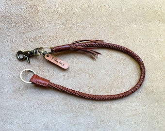 8 Strings Braided Leather Lanyard, Personalize Biker Wallet Chain, Personalize Lanyard, in Brown with Antique Brass Metal Hook/key Ring