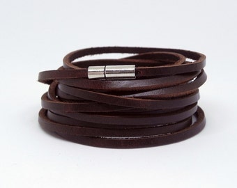 Multi Wrap Bracelet, Leather Wrap Bracelet, Leather Bracelet in Brown with Stainless Pin Clasp