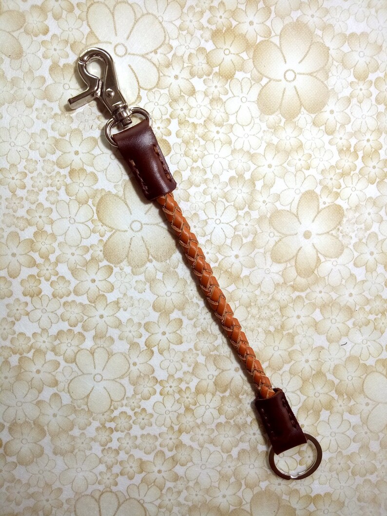 Tan Braided Leather Lanyard Leather Key Lanyard Biker Wallet Chain with Silver Tone Metal Hook and Key Ring Leather Key Ring