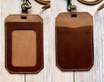 Personalised Leather Badge Holder, Leather Credit Card Holder, Leather Lanyard, Badge Holder, Name Card Slot, Card Pocket, Brown and Tan