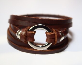 Triple Round Leather Bracelet, Wrap Bracelet, Women Leather Bracelet with Metal O Ring in Brown with Metal Alloy Toggle Clasp