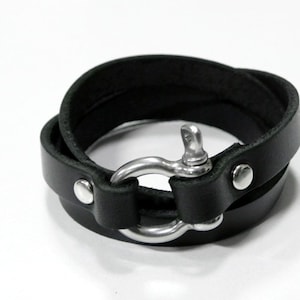 Wrap Leather Bracelet, Leather Wrap Bracelet, Wrap Leather Cuff, Leather Wrap Cuff with Stainless Shackle Clasp in Black Leather