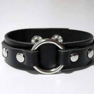 Black Leather Cuff Bracelet, Wrap Bracelet with Silver Tone O Ring in Black Color