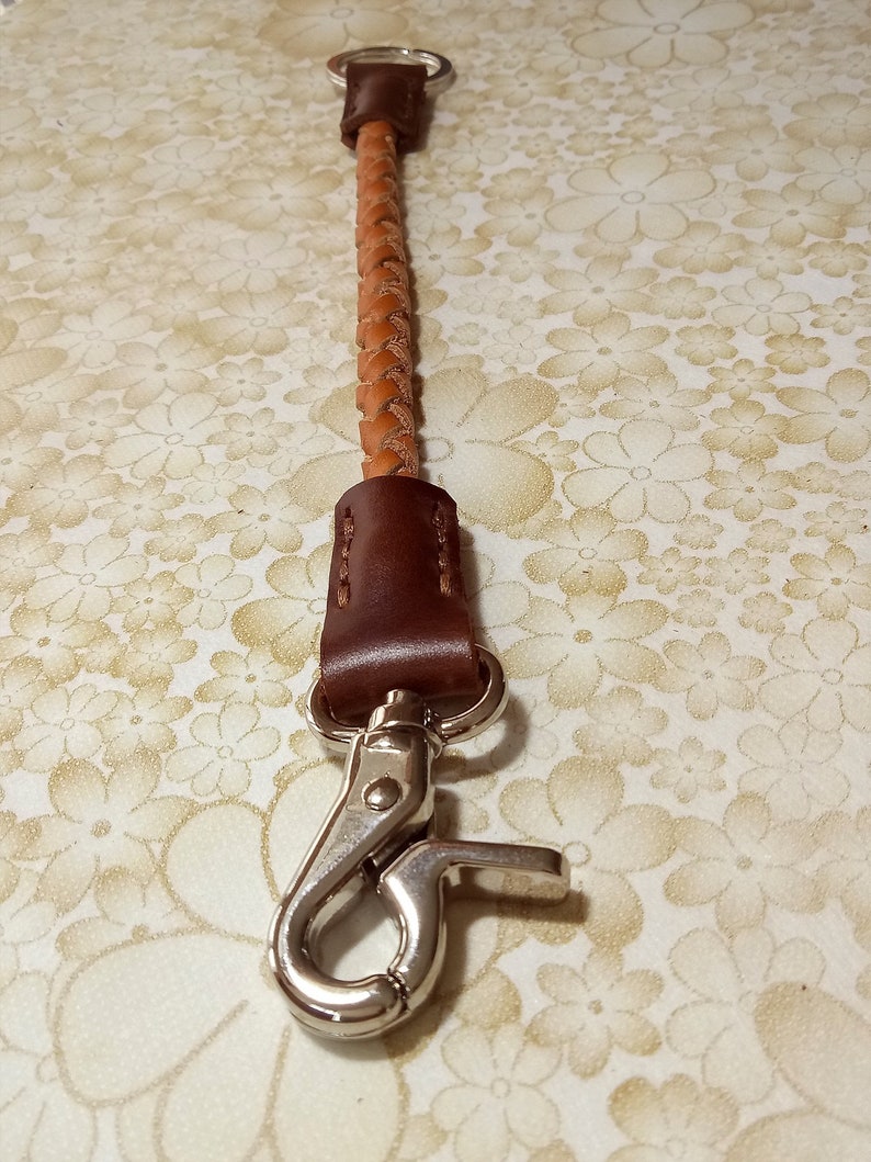 Tan Braided Leather Lanyard Leather Key Lanyard Biker Wallet Chain with Silver Tone Metal Hook and Key Ring Leather Key Ring