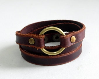 Leather Wrap Bracelet, Leather Cuff, Women Leather Bracelet with Bronze Tone Metal O Ring Snap Button Clasp in brown