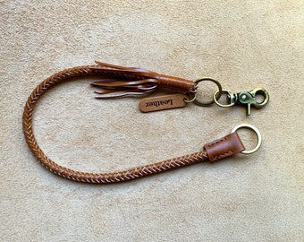 Personalize Biker Wallet Chain, Personalize Lanyard, 8 Strings Braided Leather Lanyard in Tan with Antique Brass Metal Hook/key Ring