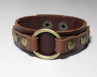 Leather Cuff Bracelet, Leather Bracelet, Wrap Bracelet, Women Leather Bracelet with Bronze Tone O Ring in Brown Color