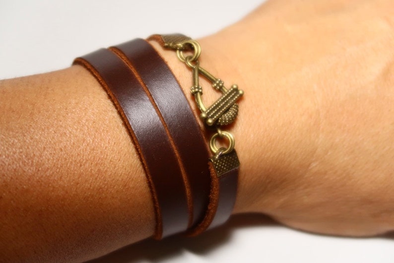 Brown Leather Bracelet Wrap Leather Bracelet Leather Cuff Wrap Leather Bracelet with Bronze Alloy Toggle Clasp