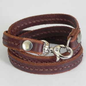 Leather Bracelet, Leather Wrap Bracelet, Stitched Bracelet in Brown with Metal Alloy Clasp Silver Tone