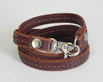 Leather Bracelet, Leather Wrap Bracelet, Stitched Bracelet in Brown with Metal Alloy Clasp Silver Tone