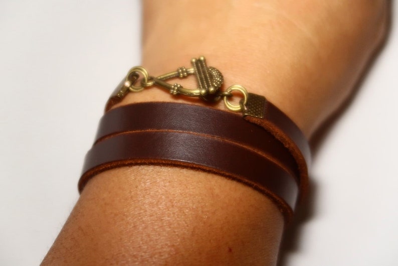 Brown Leather Bracelet Wrap Leather Bracelet Leather Cuff Wrap Leather Bracelet with Bronze Alloy Toggle Clasp