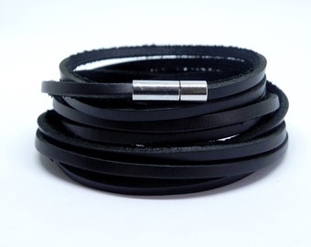 Multi Wrap Bracelet, Leather Wrap Bracelet, Leather Bracelet in Black with Stainless Pin Clasp