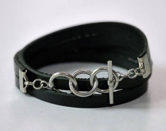 Black Leather Wrap Bracelet, Leather Bracelet, Leather Cuff Bracelet, Women Leather Bracelet with Stainless Toggle Clasp