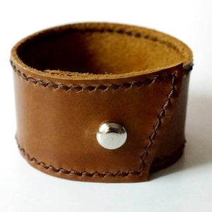 Leather Cuff Hand Stitched in Tan color with Metal Silver Tone Stud Button