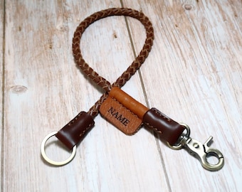 Personalize Lanyard, Braided Personalize Leather Lanyard, Biker Wallet Chain in Brown with Antique Brass Metal Hook and key Ring