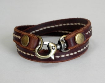 Brown Leather Bracelet, Wrap Leather Bracelet, Leather Cuff with Metal Alloy Brass Tone Clasp Hand Stitched