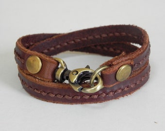 Leather Wrap Bracelet, Leather Bracelet in Brown with Metal Alloy Brass Tone Clasp Hand Stitched