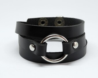 Black Wrap Leather Bracelet Leather Cuff with Metal O Ring Snap Button Clasp