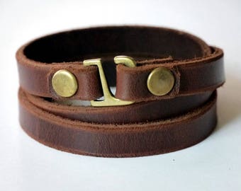 Leather Wrap Bracelet Wrap Bracelet Leather Cuff Bracelet Leather Bracelet in Brown Color Hook Clasp Brass Tone