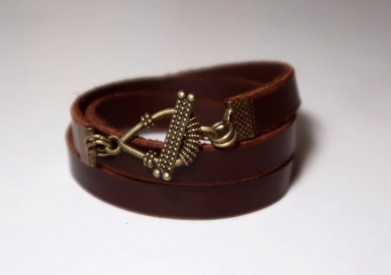 Brown Leather Bracelet Wrap Leather Bracelet Leather Cuff Wrap Leather Bracelet with Bronze Alloy Toggle Clasp