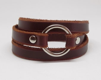 Brown Leather Cuff Bracelet with Silver Tone Metal O Ring Snap Button Clasp.