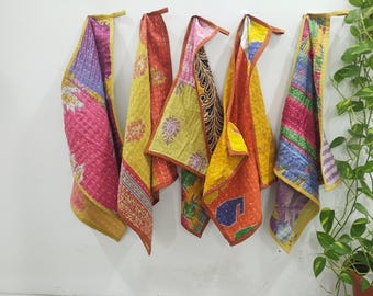 Kantha Kitchen Towel Set of 5-Handmade Colorful Vintage Cotton Tea Towels with Hanging Loop, Soft & Durable Kitchen Towels, Mixed Assorted