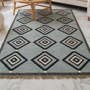 Handmade Wool Jute Rug -Design-2, Sage Grey with Black Hexagon Double Pattern - Indian Wool Kilim Runner for Living Room & Staircase Runner