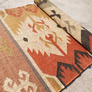 Handwoven Wool Jute Runner Rug, Boho Hallway & Stair Runner, Natural Kilim Carpet for Living Room, Rustic Home Decor, Handmade Jute Wool Rug