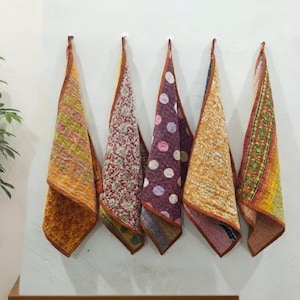 Kantha Kitchen Towel Set of 5 - Handmade Colorful Vintage Cotton Tea Towels with Hanging Loop, Soft & Durable Kitchen Towels, Mixed Assorted